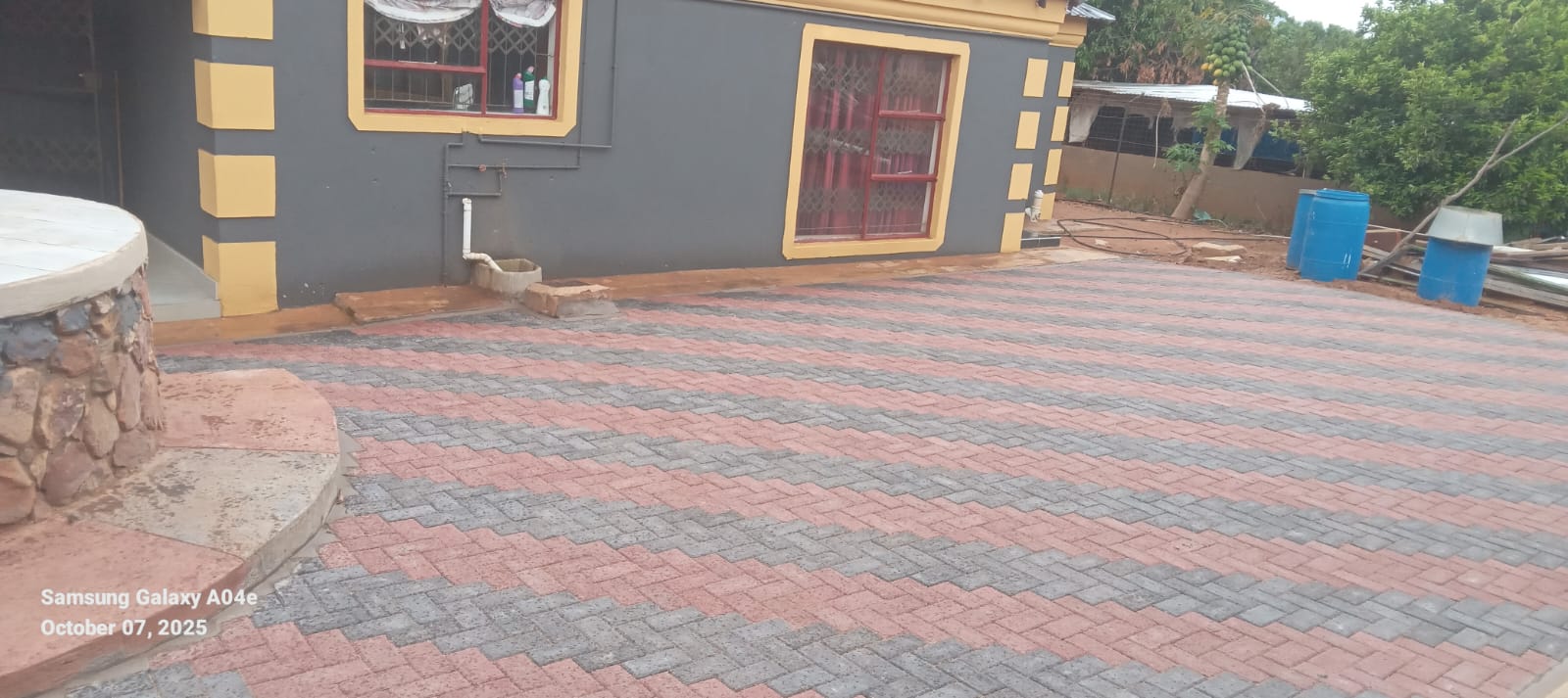 Stone patio with outdoor seating area